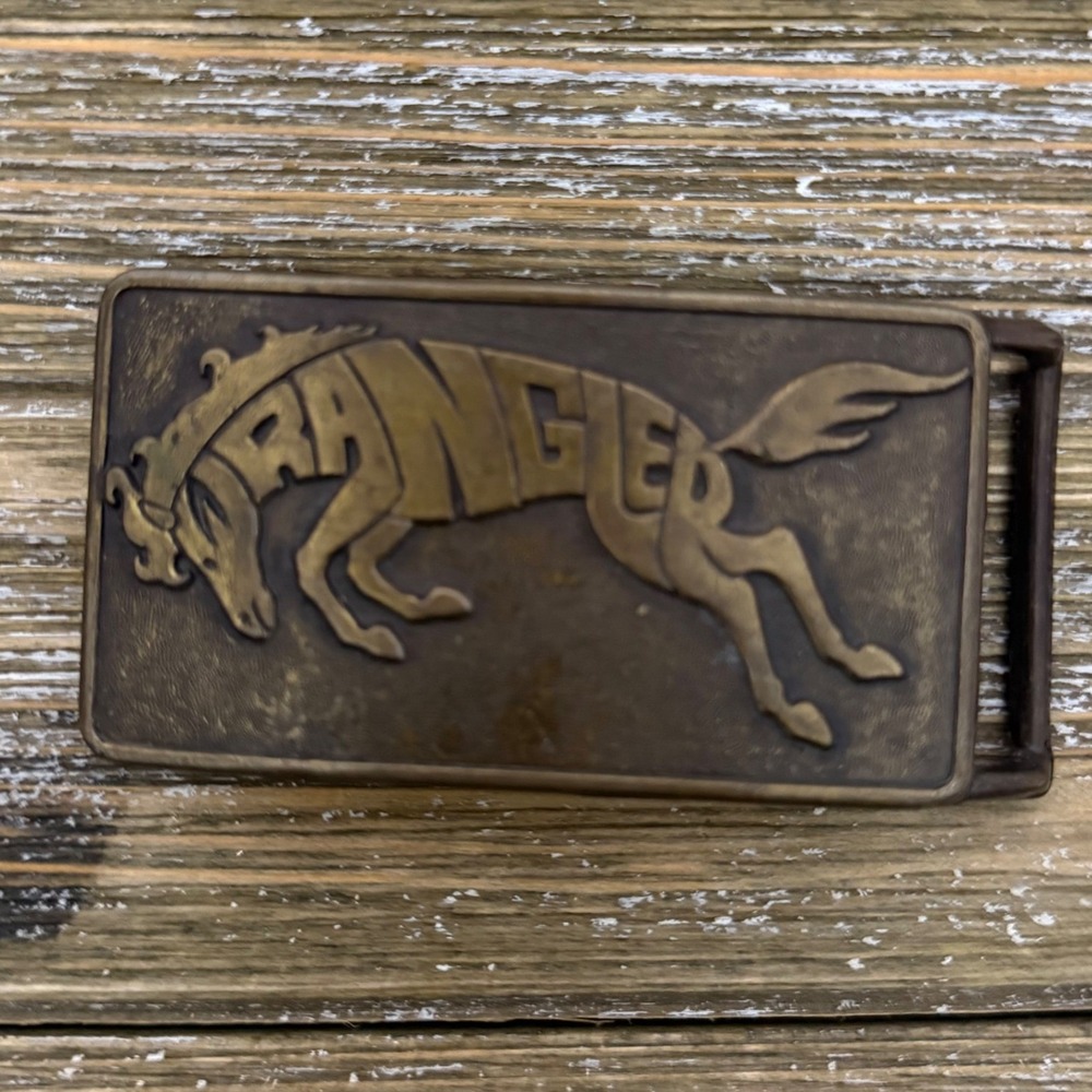 Vintage Wrangler Brass Horse Belt Buckle Western Cowboy Bronco Rectangular